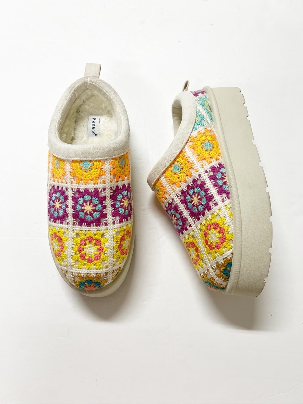 Bamboo Womens Frosty Cream Multicolor Crochet Patchwork Slide Platform Slippers